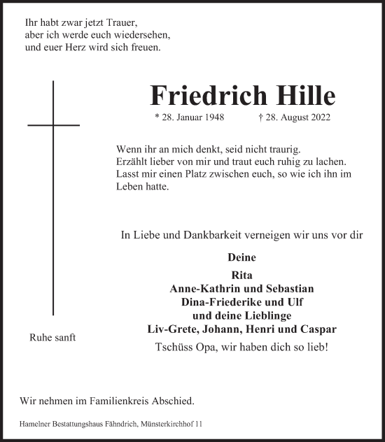 Traueranzeige von Friedrich Hille von Deister- und Weserzeitung
