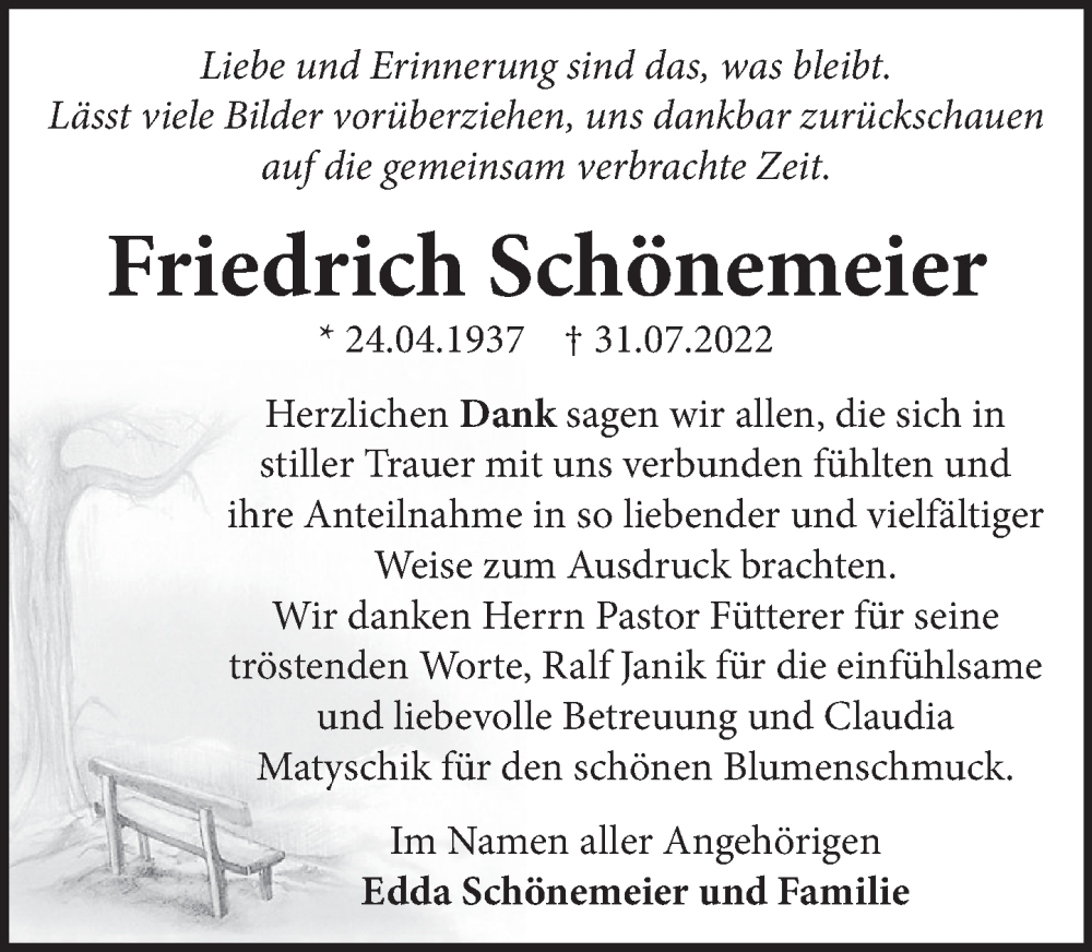  Traueranzeige für Friedrich Schönemeier vom 03.09.2022 aus Neue Deister-Zeitung