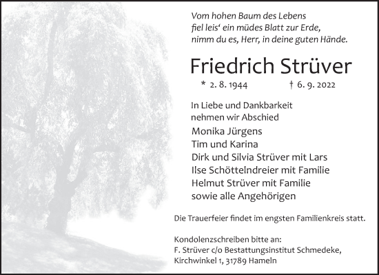 Traueranzeige von Friedrich Strüver von Deister- und Weserzeitung