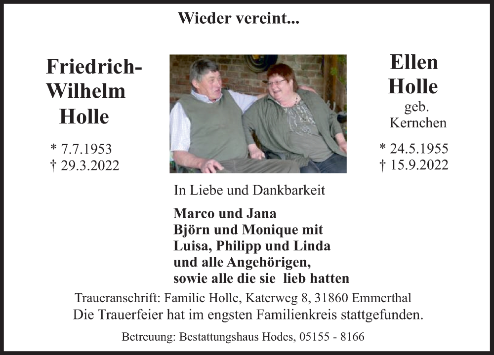  Traueranzeige für Friedrich-Wilhelm Holle vom 24.09.2022 aus Deister- und Weserzeitung