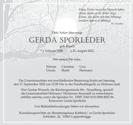 Traueranzeige von Gerda Sporleder von Deister- und Weserzeitung