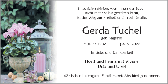 Traueranzeige von Gerda Tuchel von Deister- und Weserzeitung