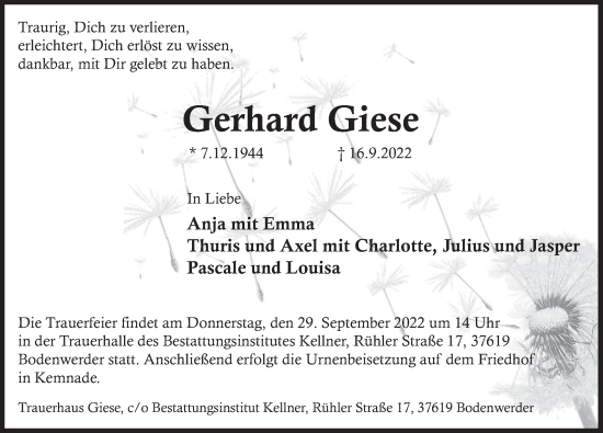 Traueranzeige von Gerhard Giese von Deister- und Weserzeitung