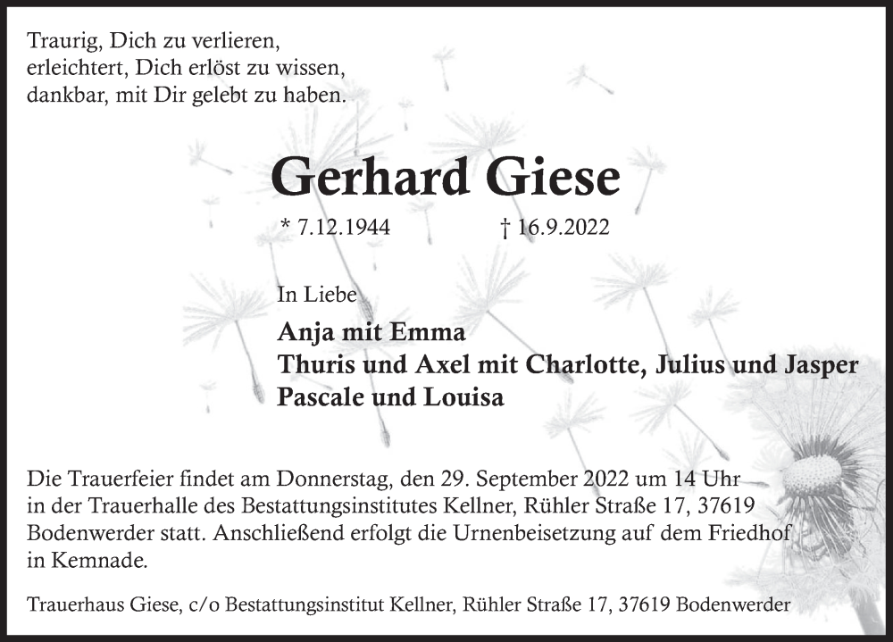  Traueranzeige für Gerhard Giese vom 23.09.2022 aus Deister- und Weserzeitung