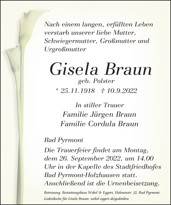 Traueranzeige von Gisela Braun von Deister- und Weserzeitung