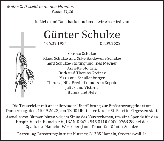 Traueranzeige von Günter Schulze von Deister- und Weserzeitung