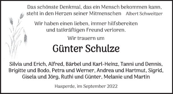 Traueranzeige von Günter Schulze von Deister- und Weserzeitung