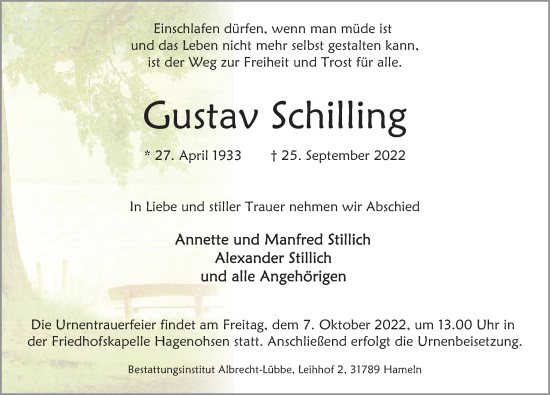 Traueranzeige von Gustav Schilling von Deister- und Weserzeitung