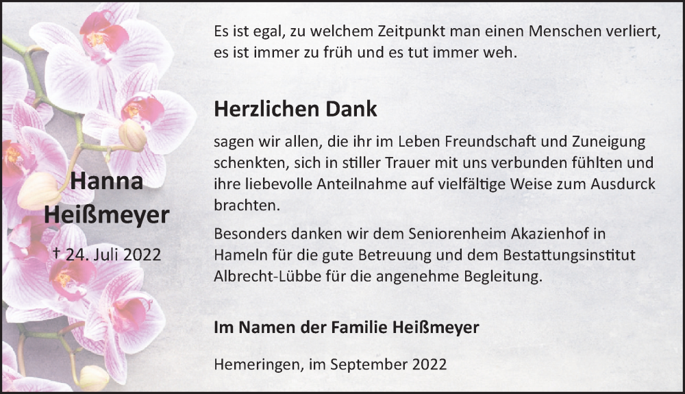  Traueranzeige für Hanna Heißmeyer vom 03.09.2022 aus Deister- und Weserzeitung