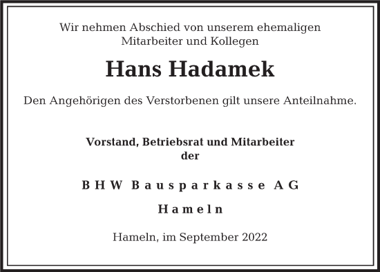 Traueranzeige von Hans Hadamek von Deister- und Weserzeitung