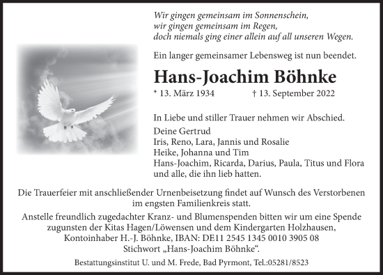 Traueranzeige von Hans-Joachim Böhnke von Deister- und Weserzeitung