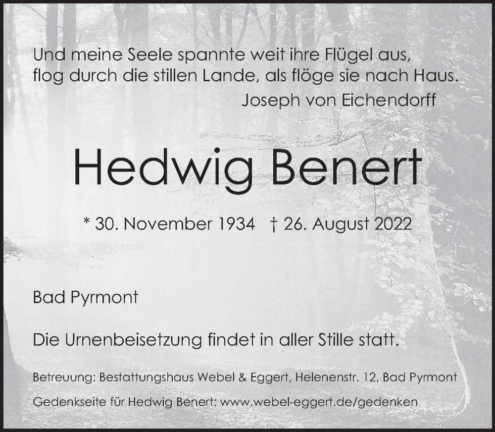  Traueranzeige für Hedwig Benert vom 03.09.2022 aus Deister- und Weserzeitung