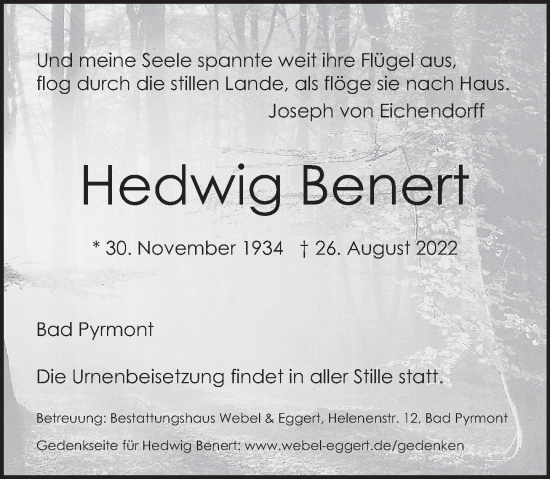 Traueranzeige von Hedwig Benert von Deister- und Weserzeitung