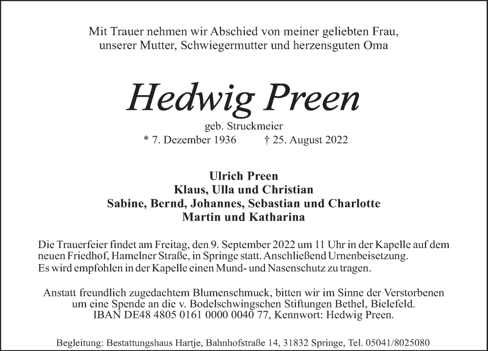  Traueranzeige für Hedwig Preen vom 03.09.2022 aus Neue Deister-Zeitung
