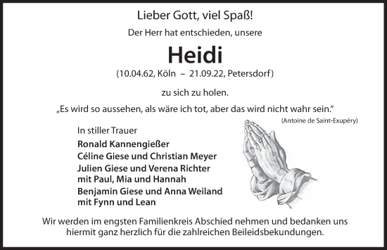 Traueranzeige von Heidi  von Deister- und Weserzeitung