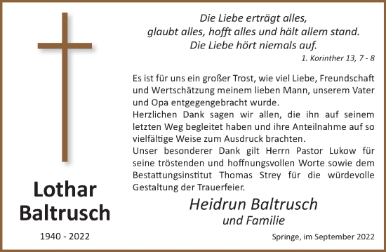 Traueranzeige von Heidrun Baltrusch von Neue Deister-Zeitung