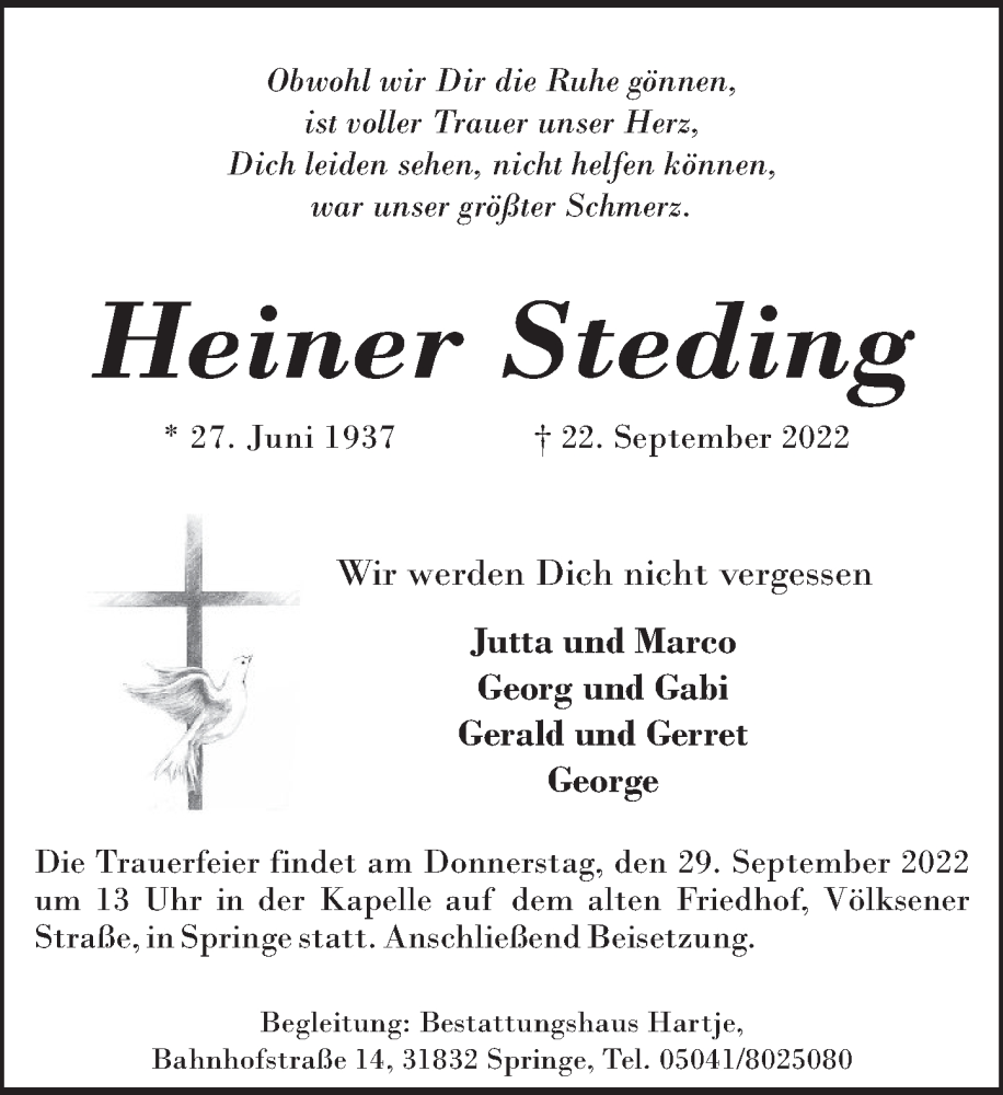  Traueranzeige für Heiner Steding vom 28.09.2022 aus Neue Deister-Zeitung