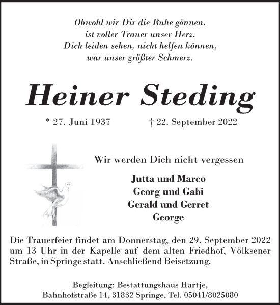 Traueranzeige von Heiner Steding von Neue Deister-Zeitung