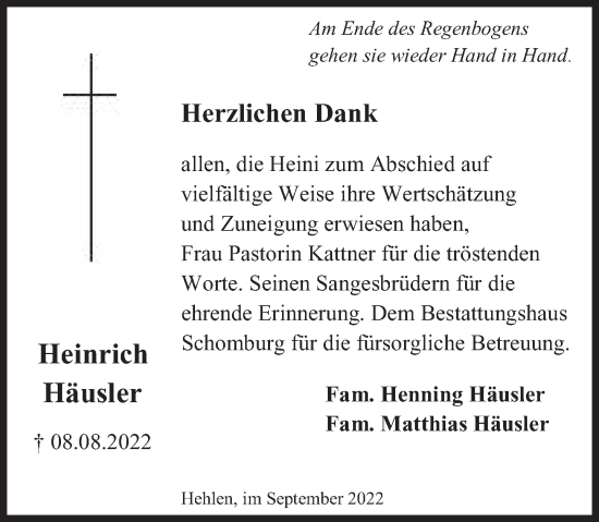 Traueranzeige von Heinrich Häusler von Deister- und Weserzeitung