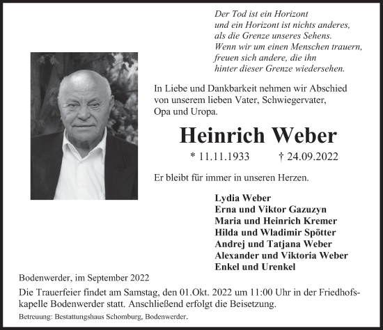 Traueranzeige von Heinrich Weber von Deister- und Weserzeitung