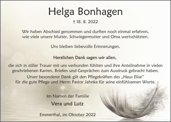Traueranzeige von Helga Bonhagen von Deister- und Weserzeitung