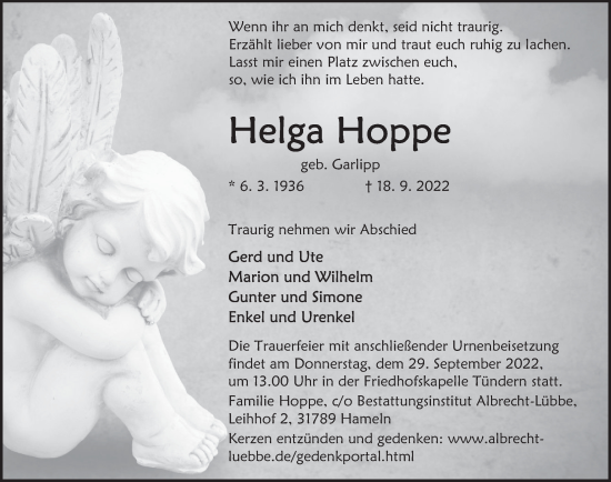 Traueranzeige von Helga Hoppe von Deister- und Weserzeitung