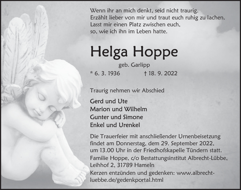  Traueranzeige für Helga Hoppe vom 23.09.2022 aus Deister- und Weserzeitung