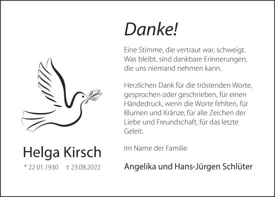 Traueranzeige von Helga Kirsch von Deister- und Weserzeitung