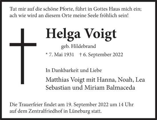 Traueranzeige von Helga Voigt von Deister- und Weserzeitung
