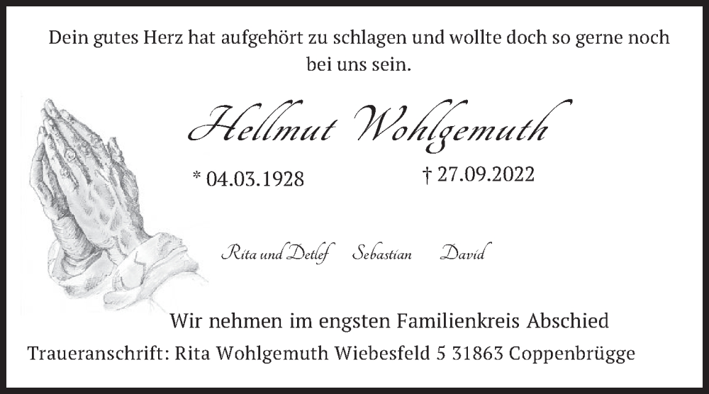  Traueranzeige für Hellmut Wohlgemuth vom 01.10.2022 aus Neue Deister-Zeitung