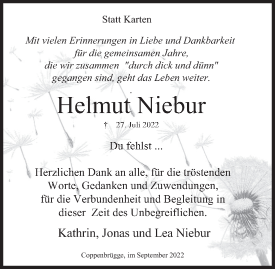 Traueranzeige von Helmut Niebur von Deister- und Weserzeitung