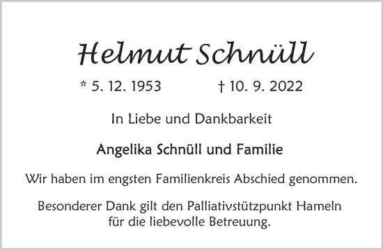 Traueranzeige von Helmut Schnüll von Deister- und Weserzeitung