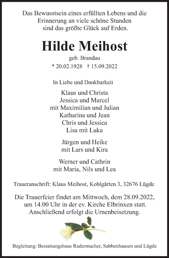 Traueranzeige von Hilde Meihost von Deister- und Weserzeitung