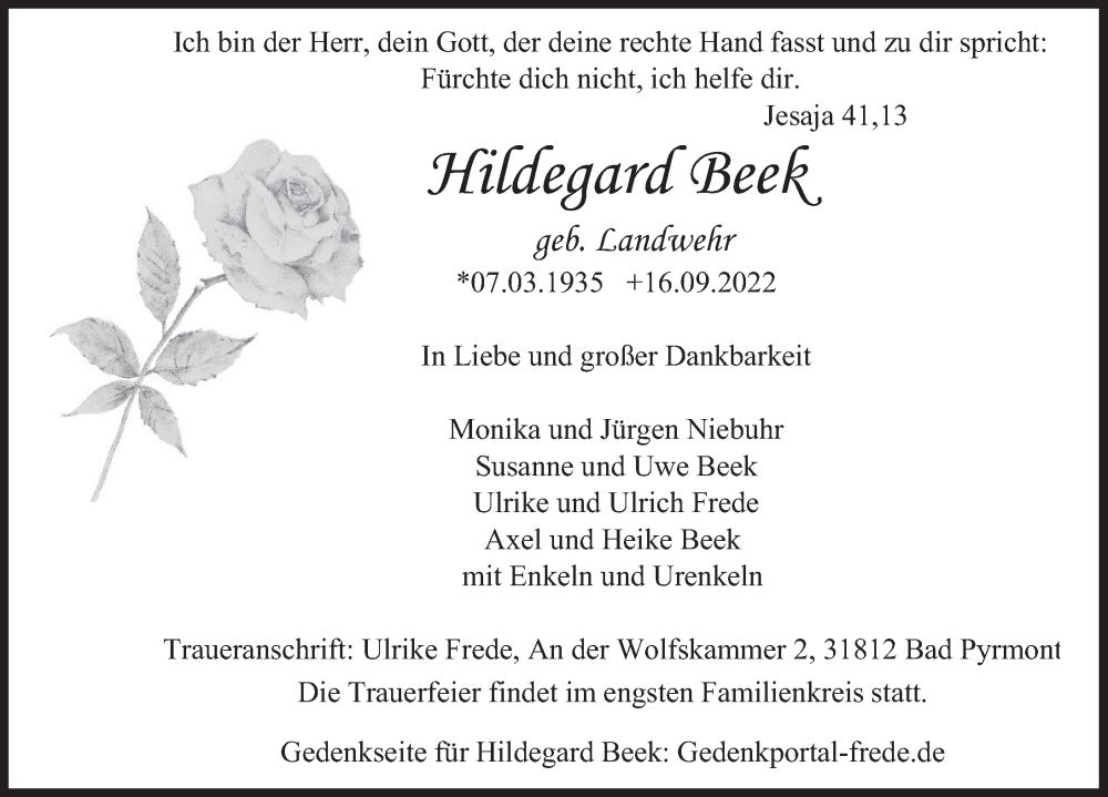  Traueranzeige für Hildegard Beek vom 24.09.2022 aus Deister- und Weserzeitung