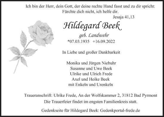 Traueranzeige von Hildegard Beek von Deister- und Weserzeitung