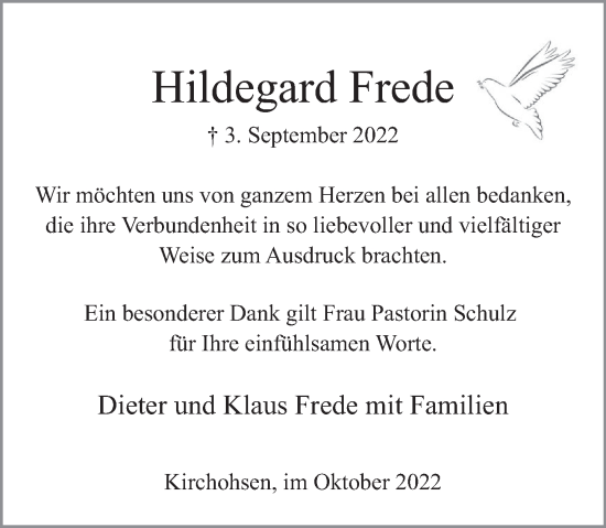 Traueranzeige von Hildegard Frede von Deister- und Weserzeitung