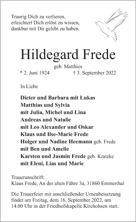 Traueranzeige von Hildegard Frede von Deister- und Weserzeitung