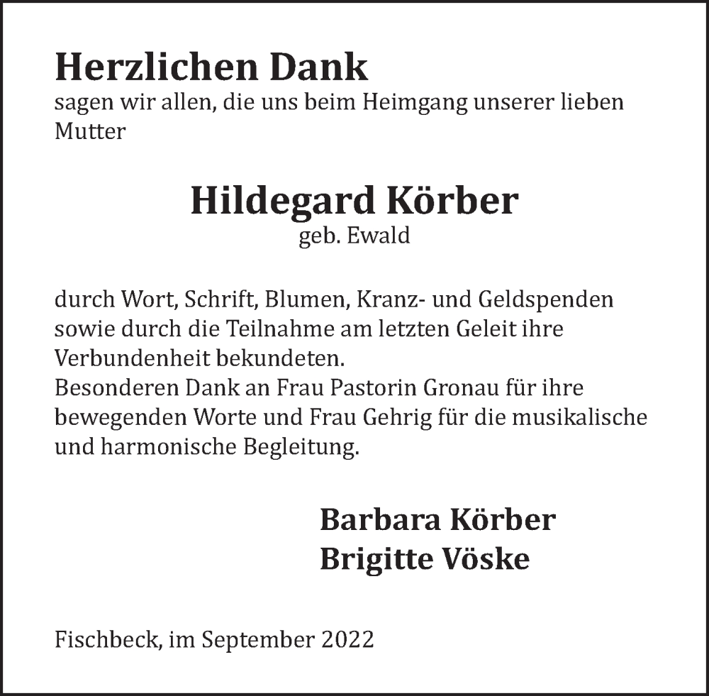  Traueranzeige für Hildegard Körber vom 03.09.2022 aus Deister- und Weserzeitung