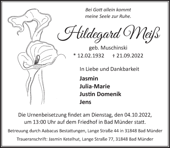Traueranzeige von Hildegard Meiß von Neue Deister-Zeitung