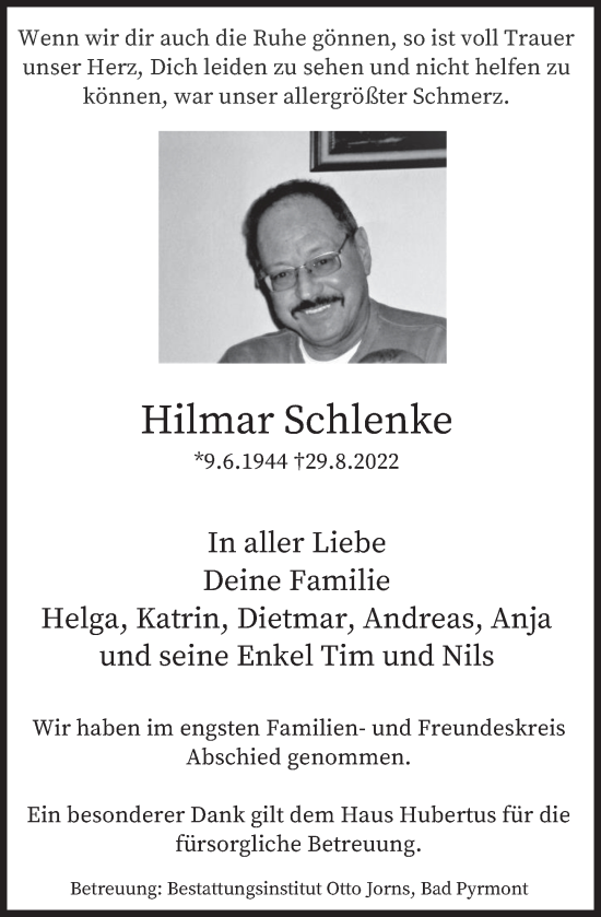 Traueranzeige von Hilmar Schlenke von Deister- und Weserzeitung