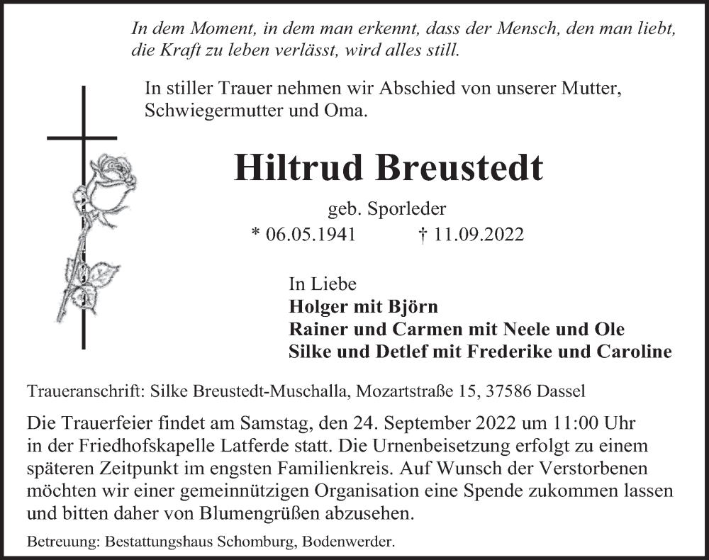  Traueranzeige für Hiltrud Breustedt vom 16.09.2022 aus Deister- und Weserzeitung