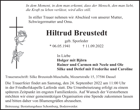 Traueranzeige von Hiltrud Breustedt von Deister- und Weserzeitung
