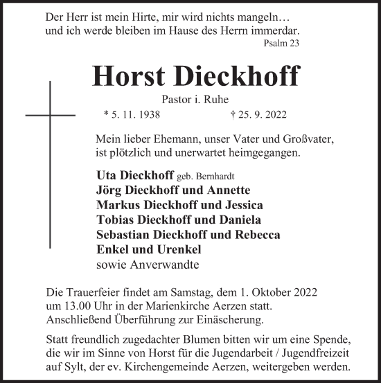 Traueranzeige von Horst Dieckhoff von Deister- und Weserzeitung