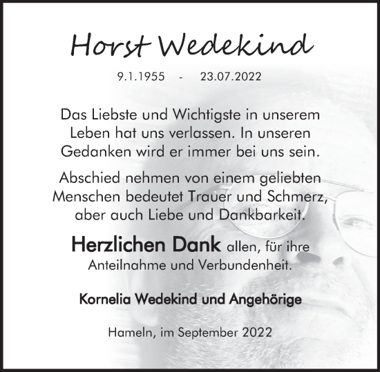 Traueranzeige von Horst Wedekind von Deister- und Weserzeitung