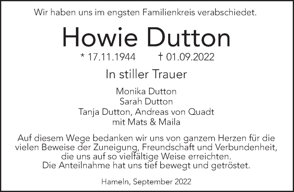  Traueranzeige für Howie Dutton vom 17.09.2022 aus Deister- und Weserzeitung