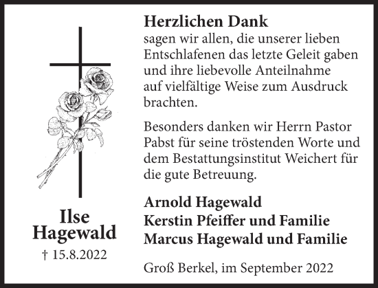 Traueranzeige von Ilse Hagewald von Deister- und Weserzeitung