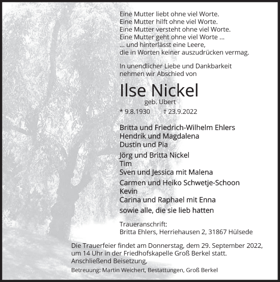 Traueranzeige von Ilse Nickel von Deister- und Weserzeitung