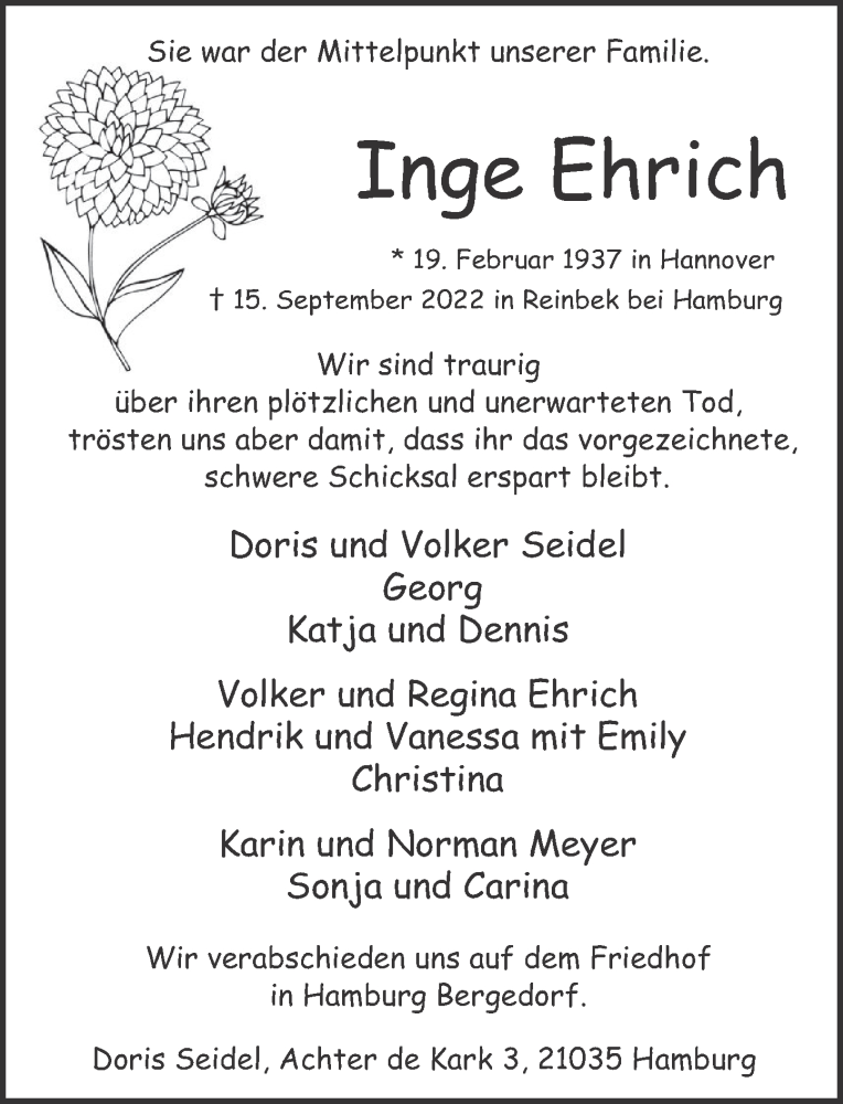  Traueranzeige für Inge Ehrich vom 24.09.2022 aus Neue Deister-Zeitung