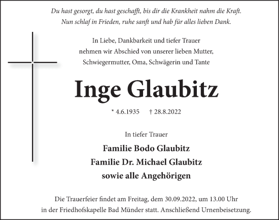 Traueranzeige von Inge Glaubitz von Neue Deister-Zeitung