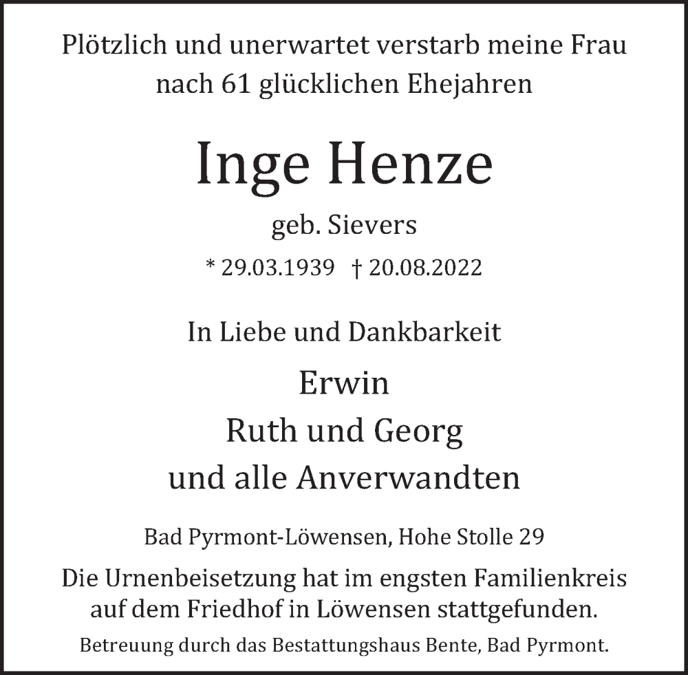  Traueranzeige für Inge Henze vom 02.09.2022 aus Deister- und Weserzeitung